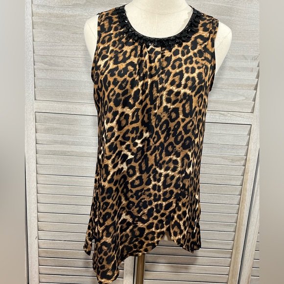 CABLE & GAUGE Sleeveless Blouse Crossover Front w Beaded Neckline Leopard-Small - Picture 2 of 3